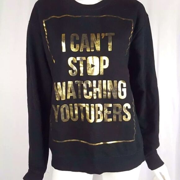 Womens Medium Black and Gold "I Can't Stop Watching Youtubers" Graphic Sweater - Picture 2 of 9